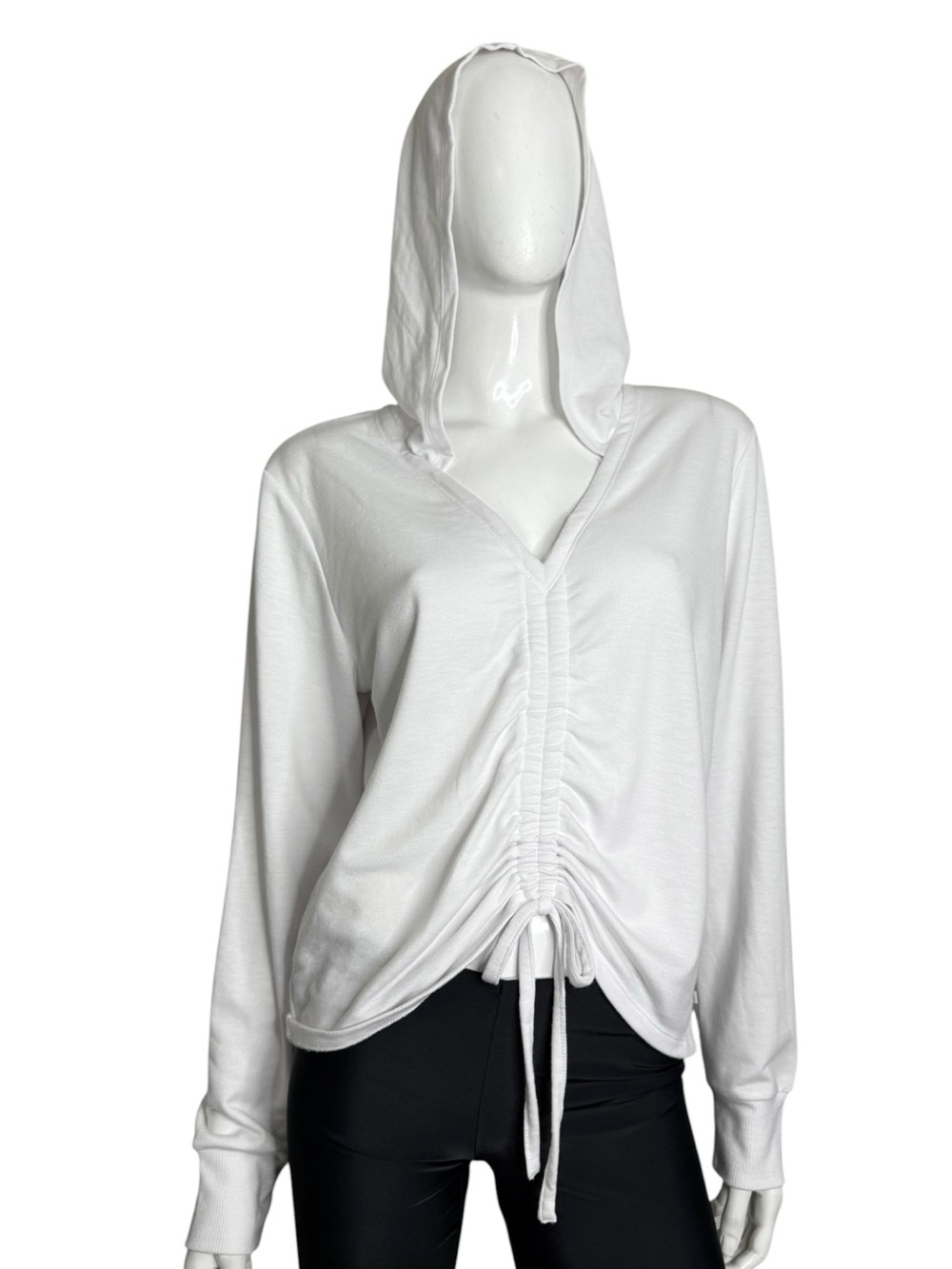 White Ruched Drawstring Hoodie Top - Picture 2 of 6